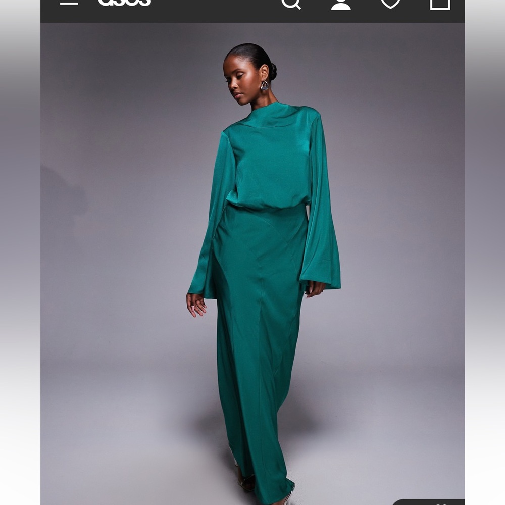 ASOS DESIGN satin blouson bodice long sleeve maxi dress in steel blue